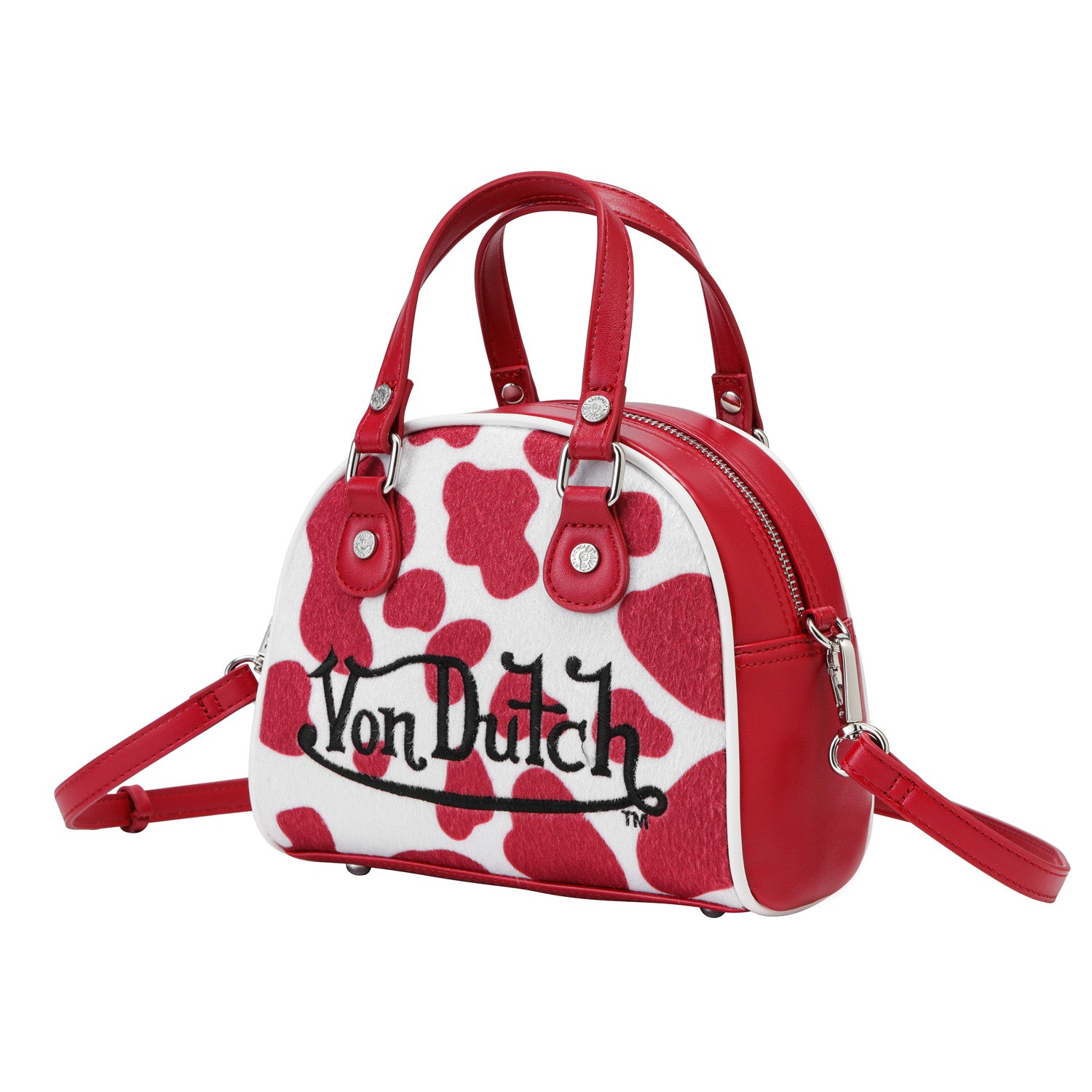 Red & White Cow Print Vegan Pony Hair Bowling Bag | Von Dutch