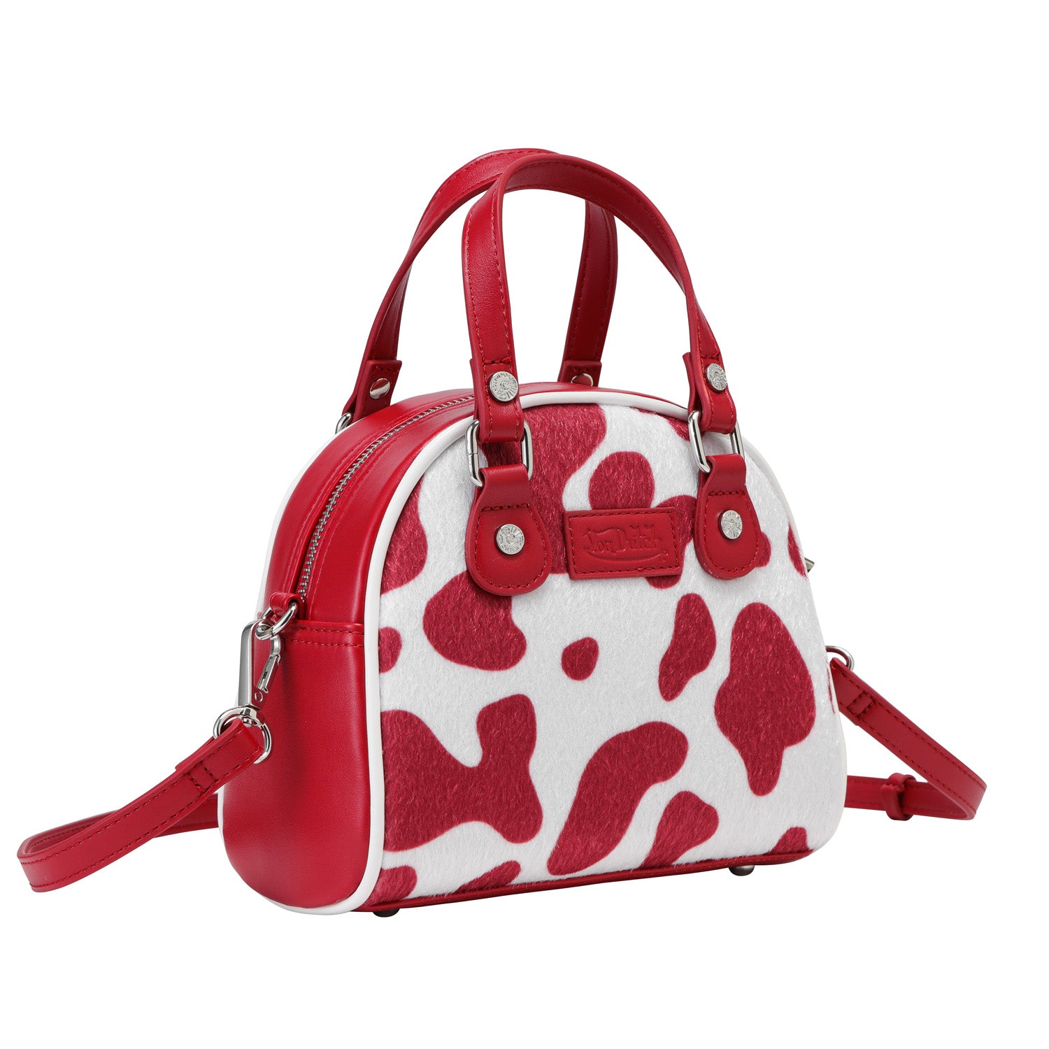 Red & White Cow Print Vegan Pony Hair Bowling Bag | Von Dutch