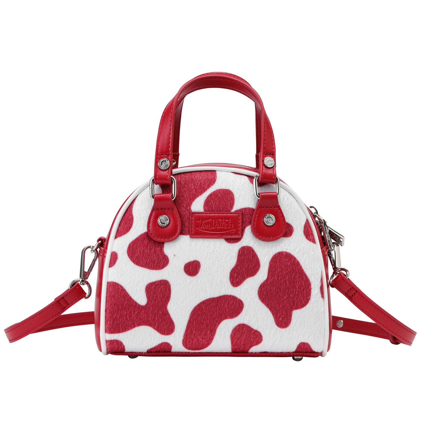 Red & White Cow Print Vegan Pony Hair Bowling Bag | Von Dutch