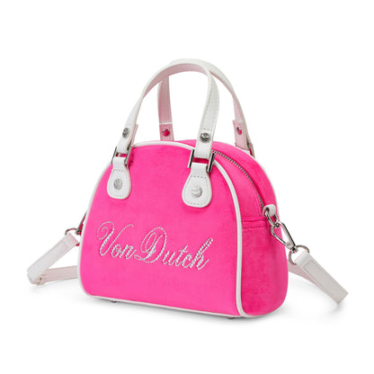 Velour Rhinestone Bowling Bag - Hot Pink