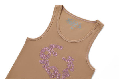 Rhinestone Warped logo Tank - Brown