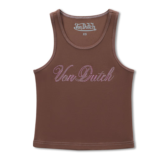 Rhinestone Cursive logo Tank - Brown