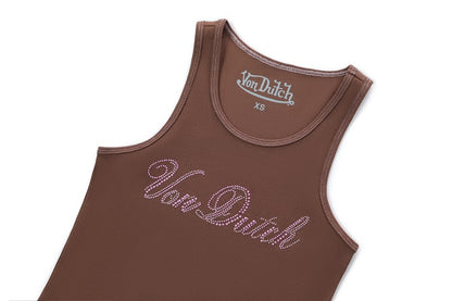 Rhinestone Cursive logo Tank - Brown
