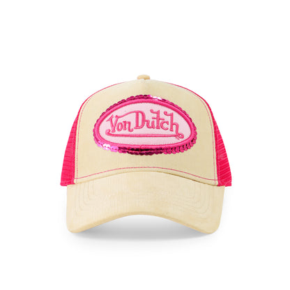 Pink Sequin on Beige Trucker Hat