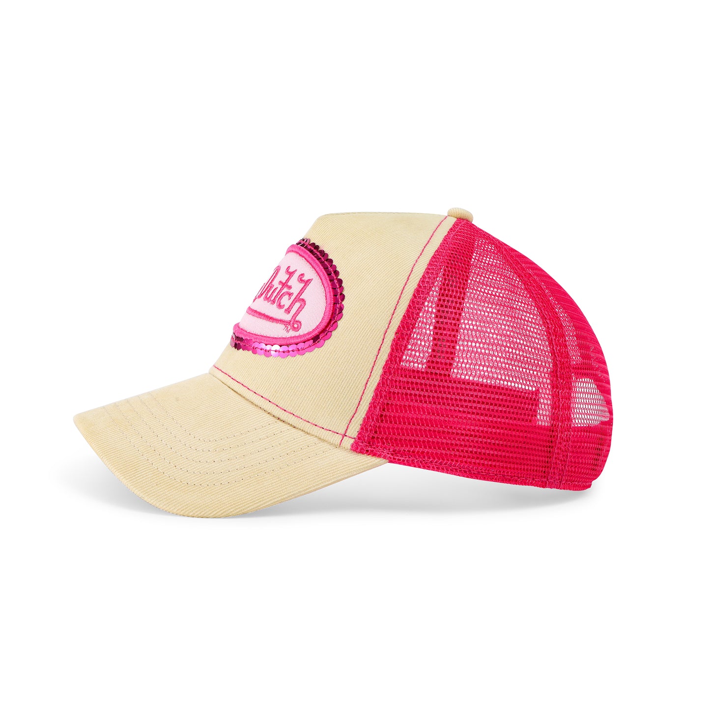Pink Sequin on Beige Trucker Hat