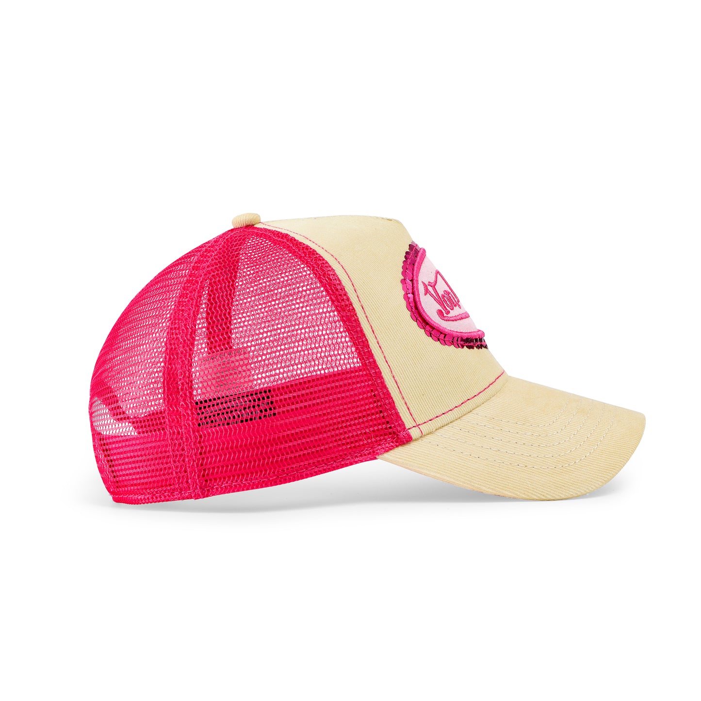 Pink Sequin on Beige Trucker Hat