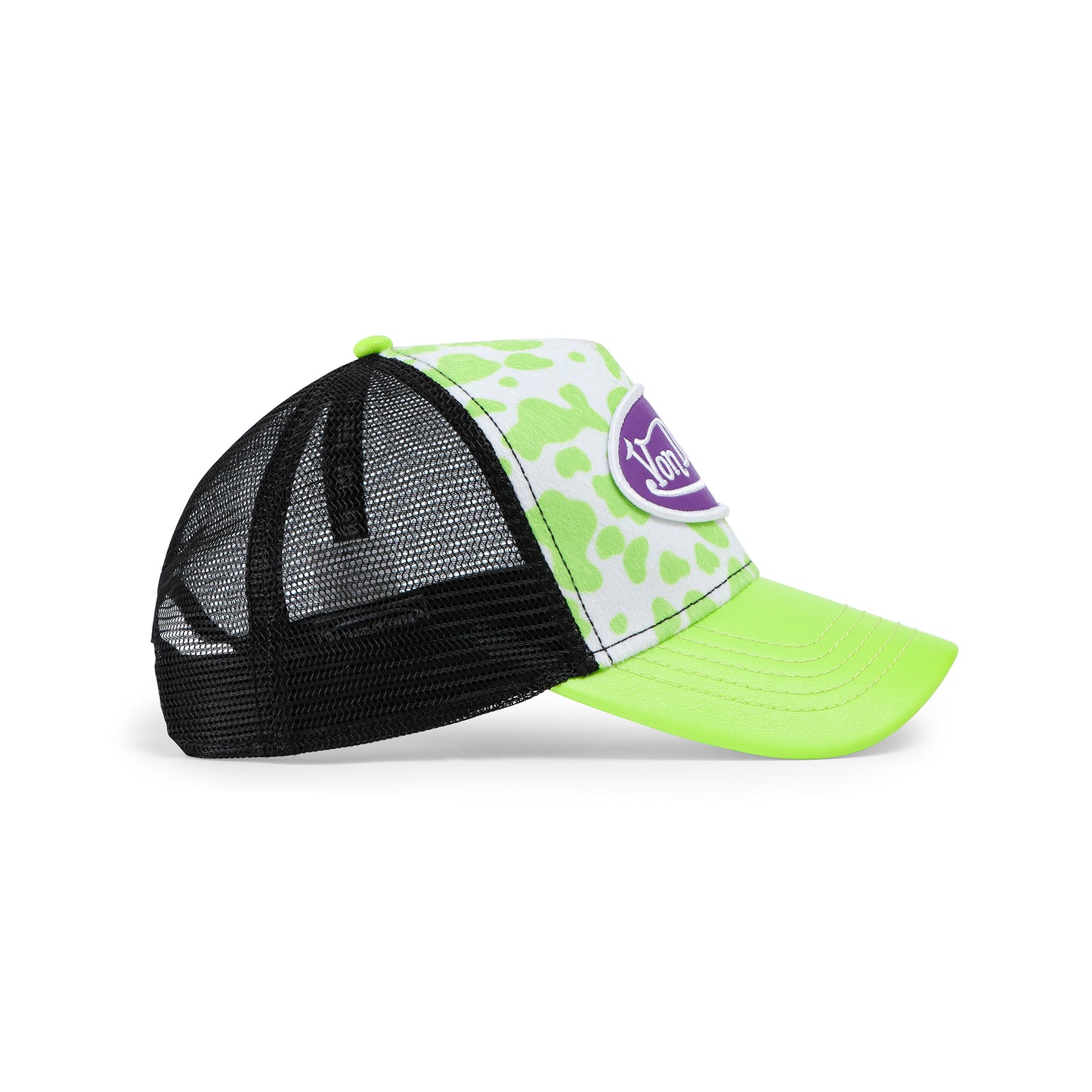 Vegan Pony Hair Trucker Hat -Lime Green Cow Print