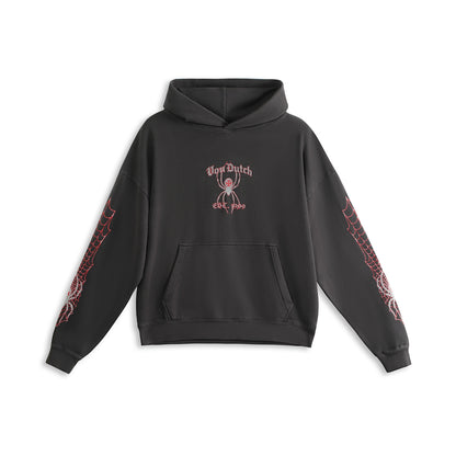 SPIDER NEST HOODIE - WASHED BLACK & RED
