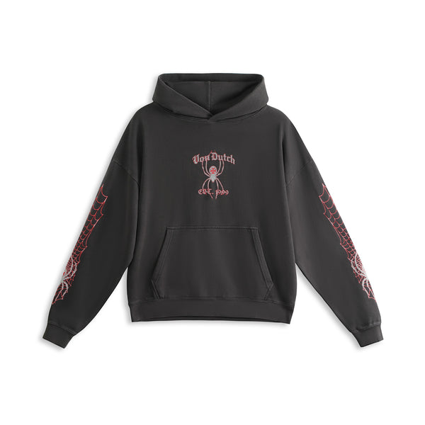 SPIDER NEST HOODIE - WASHED BLACK & RED