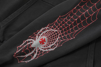SPIDER NEST HOODIE - WASHED BLACK & RED