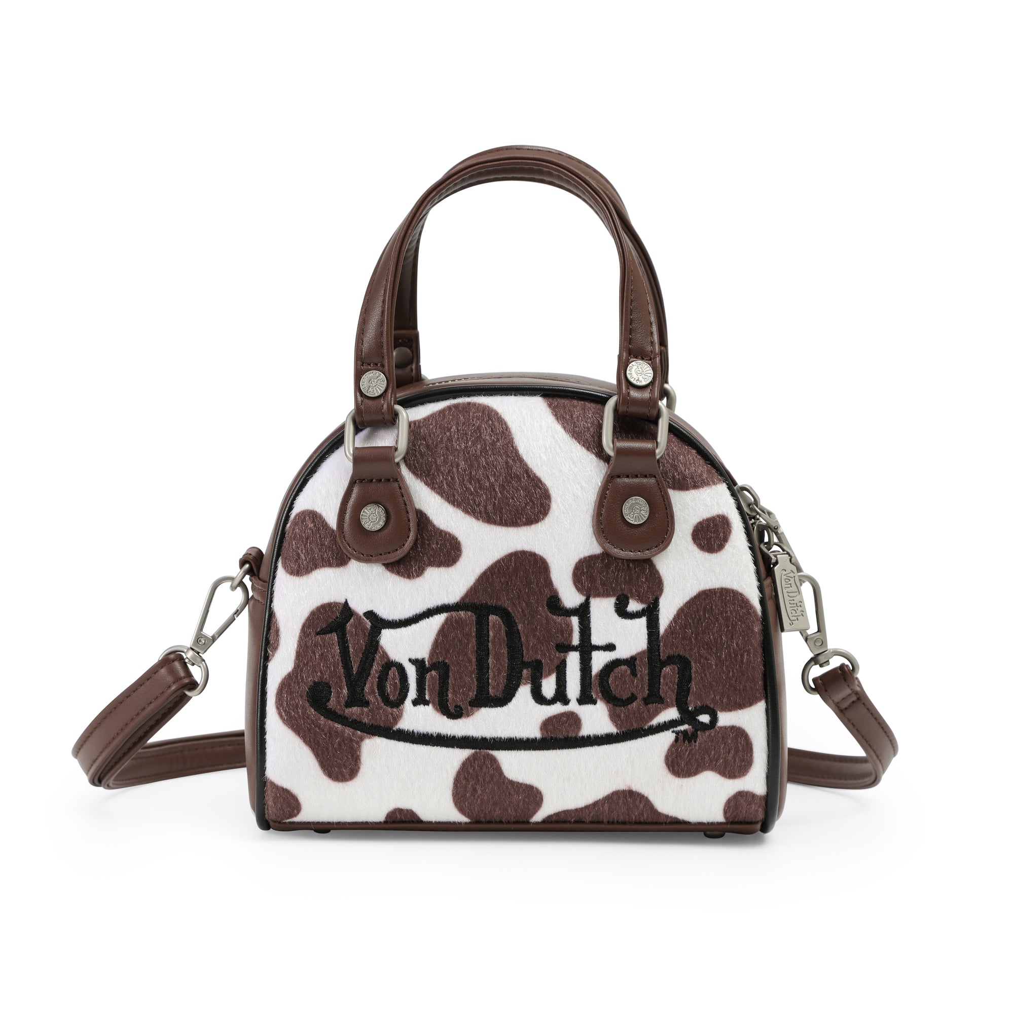Von Dutch Brown & White Cow Print Vegan Pony Hair Bowling Bag