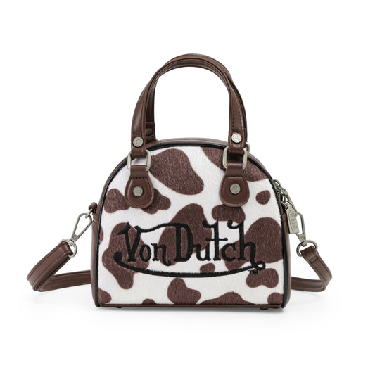 Brown & White Cow Print Vegan Pony Hair Bowling Bag