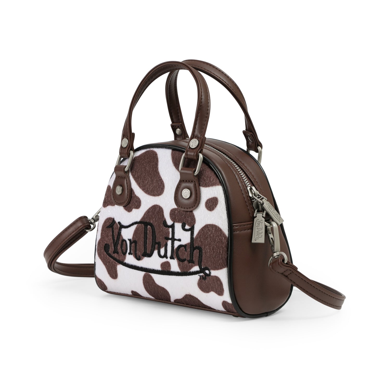 Brown & White Cow Print Vegan Pony Hair Bowling Bag
