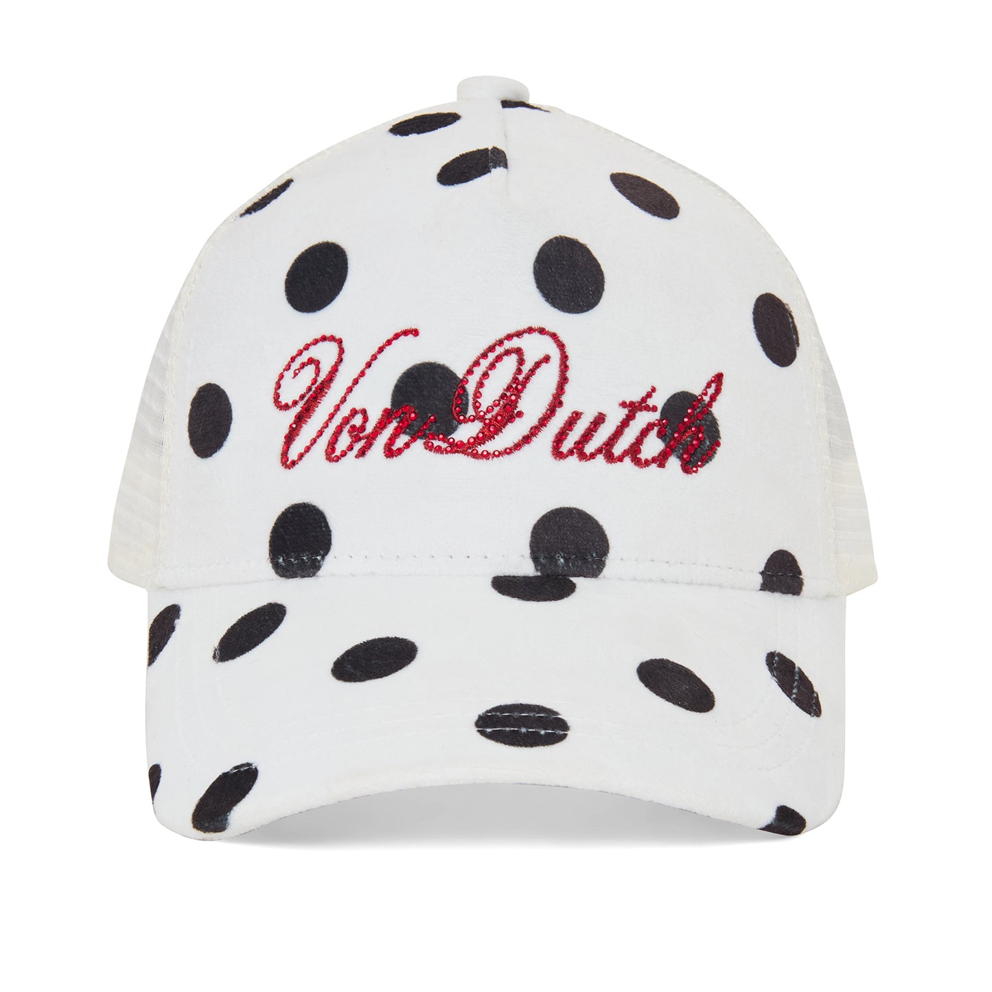 Polka Dot Velour Rhinestone Trucker Hat