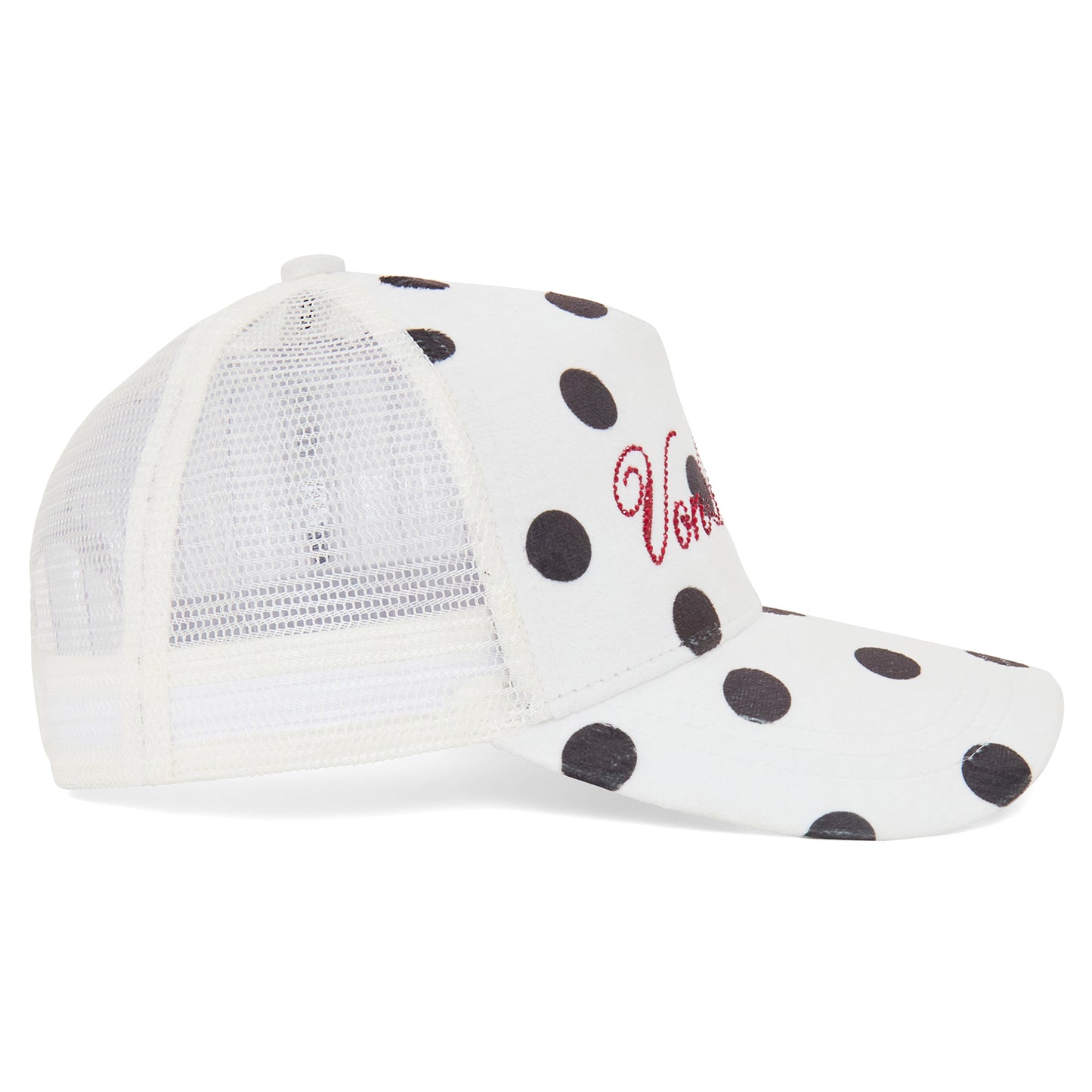 Polka Dot Velour Rhinestone Trucker Hat