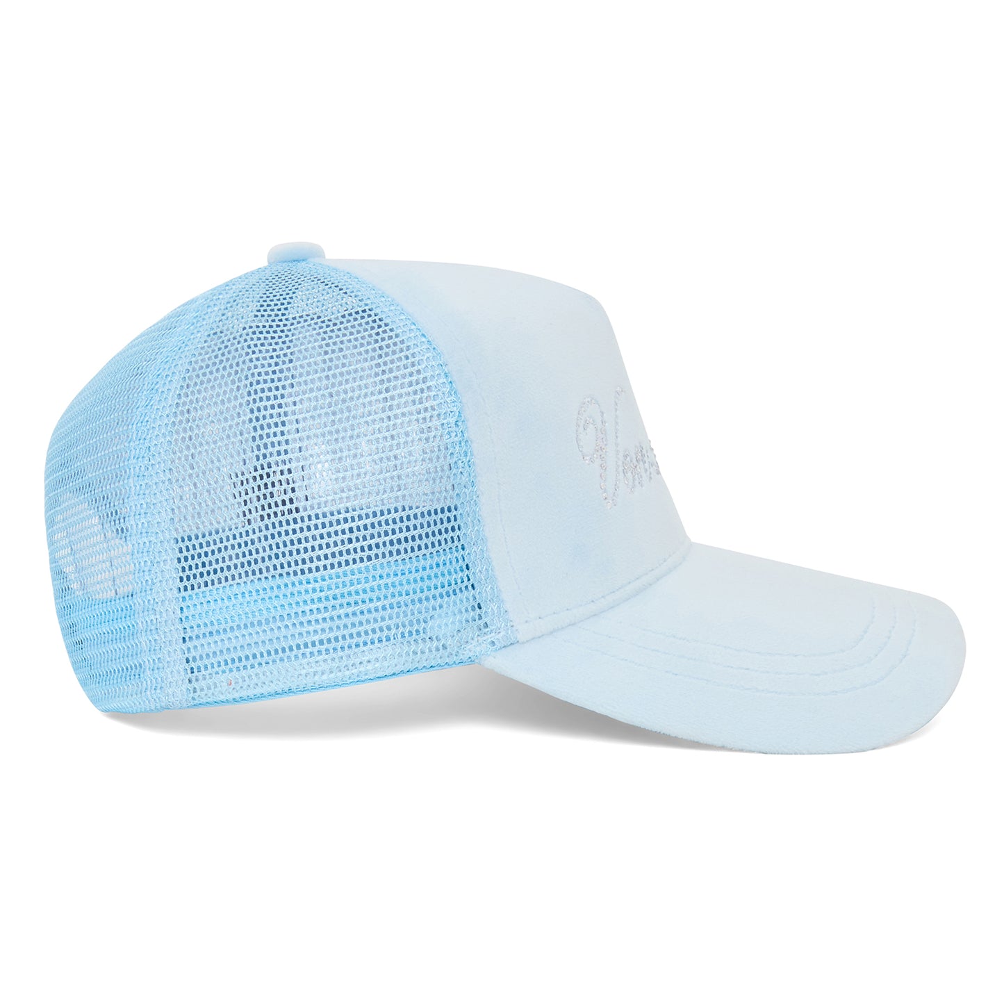 Baby Blue Velour Rhinestone Trucker Hat