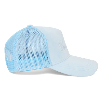 Baby Blue Velour Rhinestone Trucker Hat