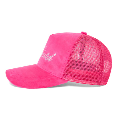 Hot Pink Velour Rhinestone Trucker Hat