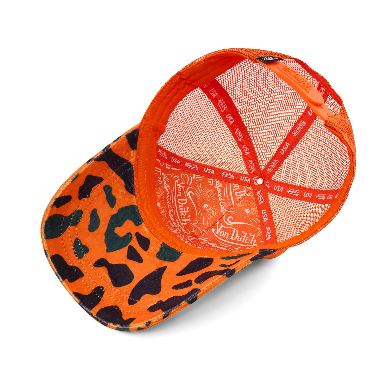 Von Dutch 迷彩オレンジ　カモ柄　メッシュキャップ　2025モデル Orange Camo Velour Rhinestone Trucker Hat | Von Dutch