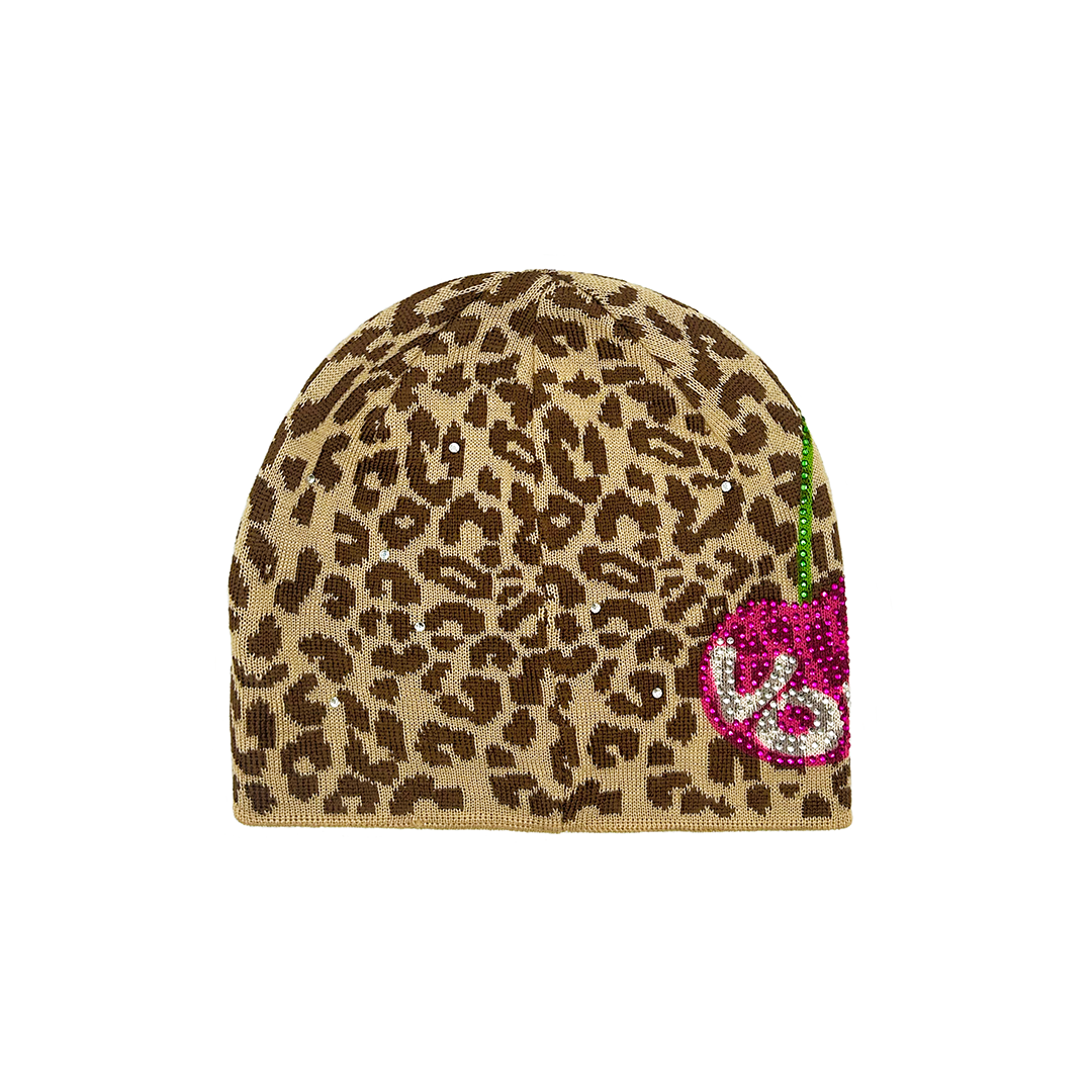 Rhinestone Cherry Beanie - Cheetah