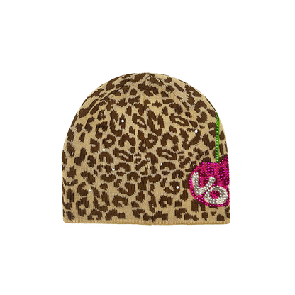 Rhinestone Cherry Beanie - Cheetah