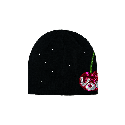 Rhinestone Cherry Beanie - Black