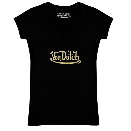 Von Dutch Glitter V-Neck - Black and Gold