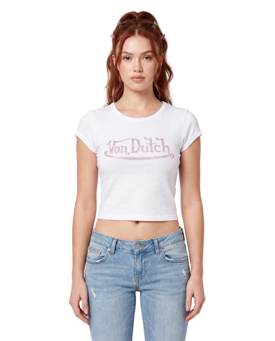 Von Dutch White & Pink Classic Rhinestone Baby Tee