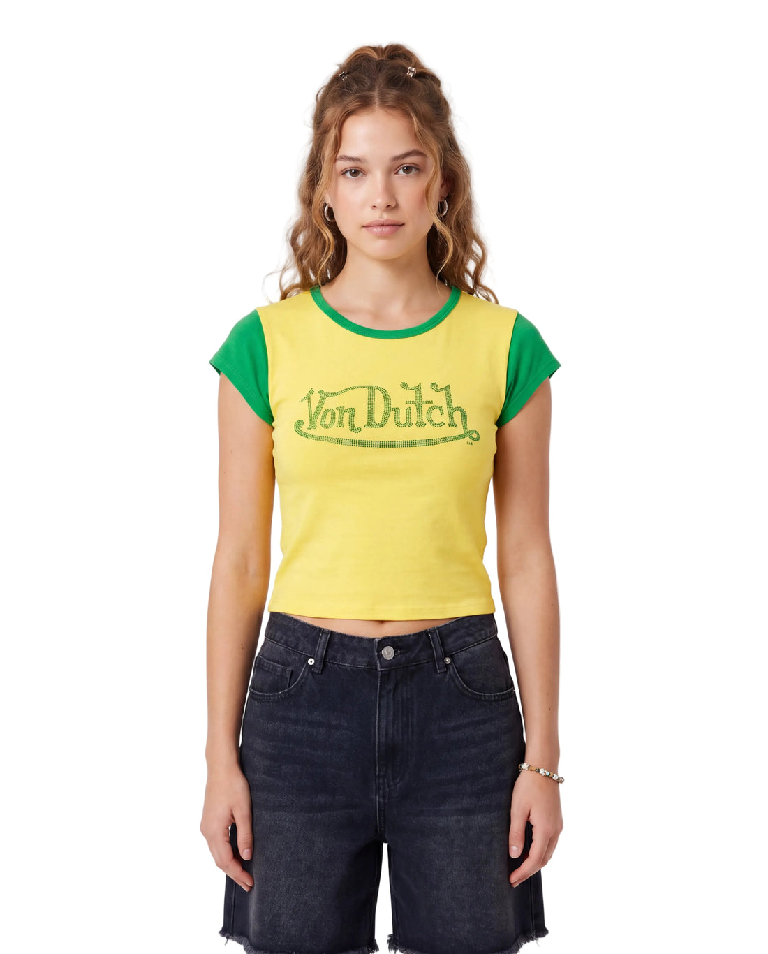 Green and Yellow Rhinestone Ringer Tee
