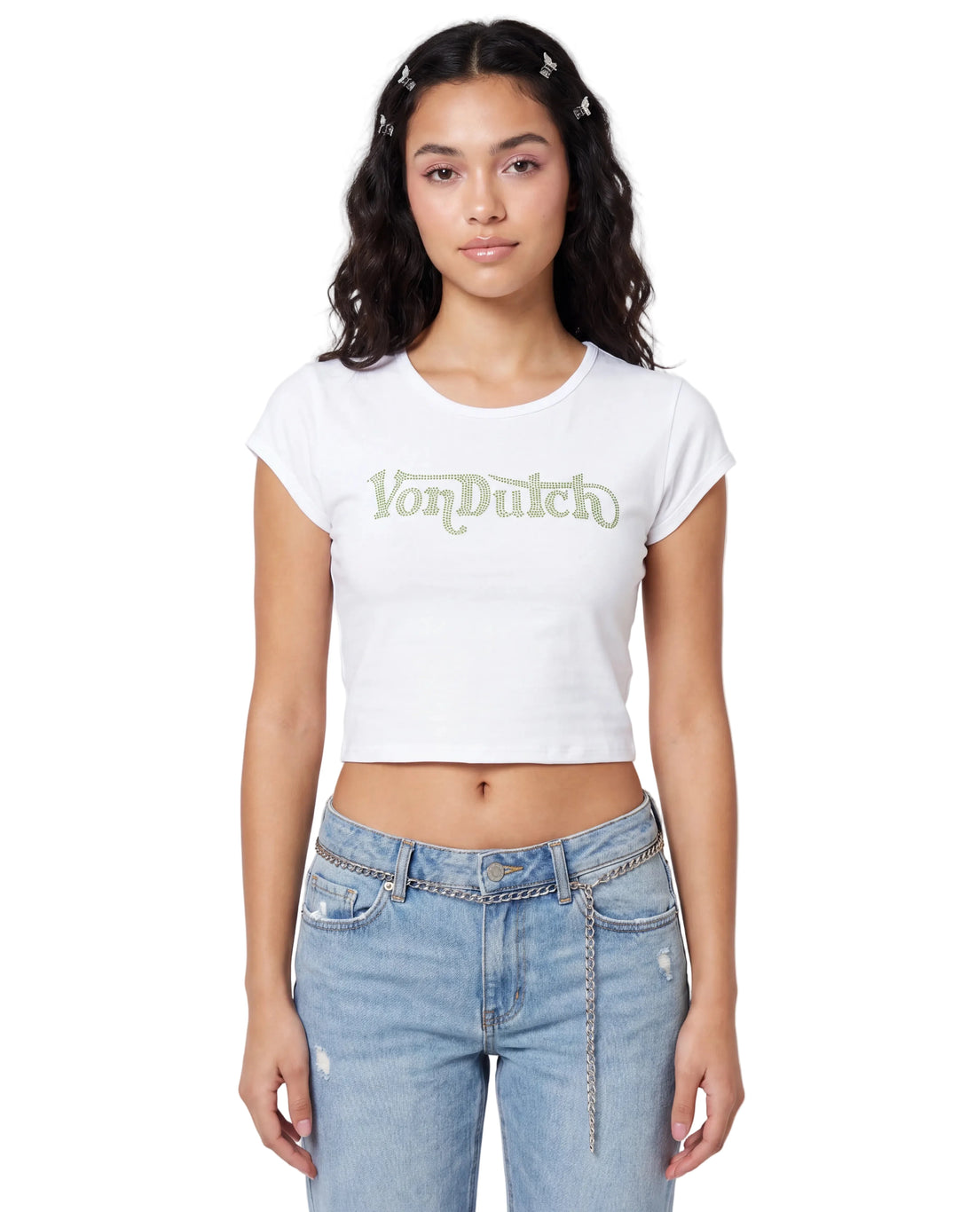 White & Green Ranch Logo Rhinestone Baby Tee