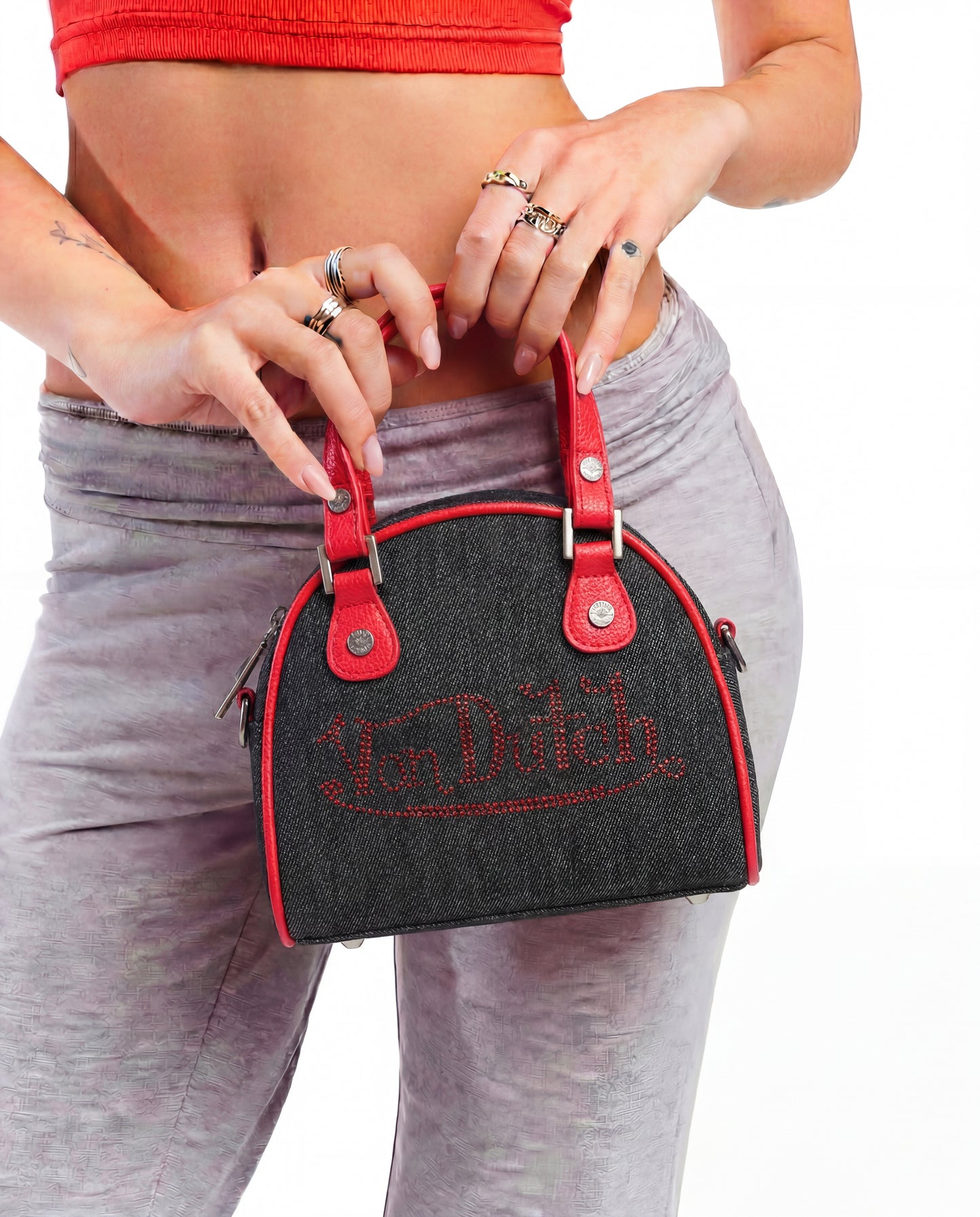Rhinestone Bowling Bag - Black Denim