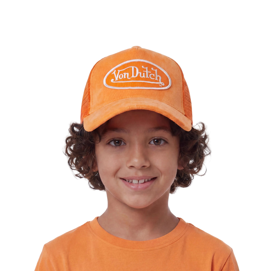 Kids Velvet Trucker Hat - Neon Orange — image 2