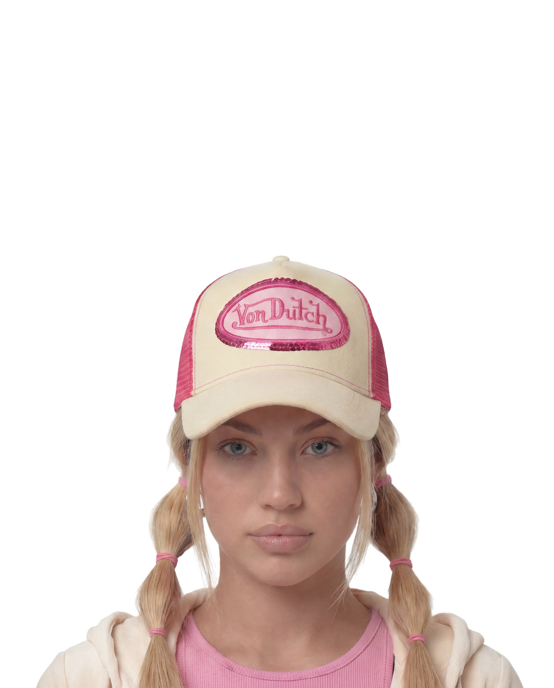 Pink Sequin on Beige Trucker Hat