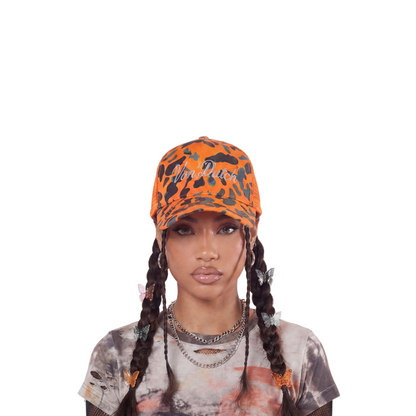Orange Camo Velour Rhinestone Trucker Hat