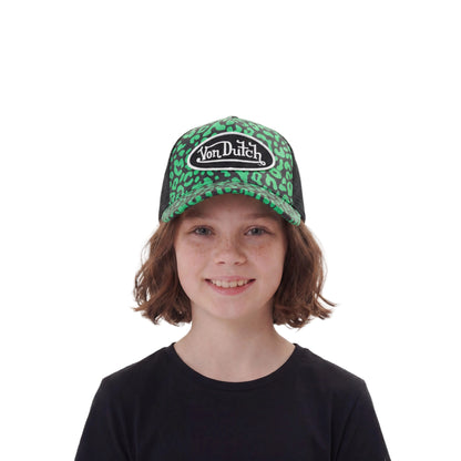 Kids Velvet Trucker Hat - Lime Green Cheetah