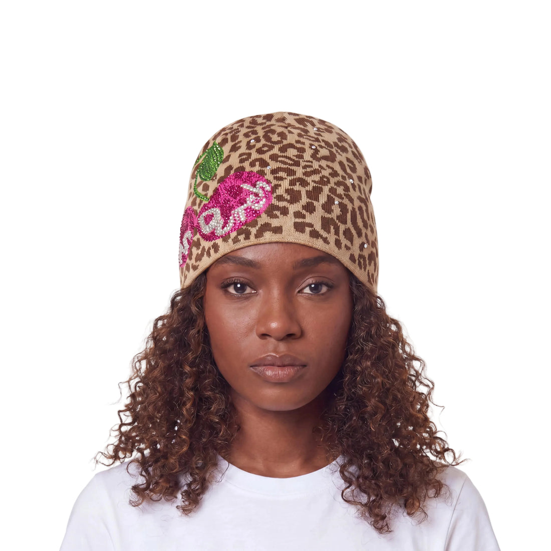 Rhinestone Cherry Beanie - Cheetah