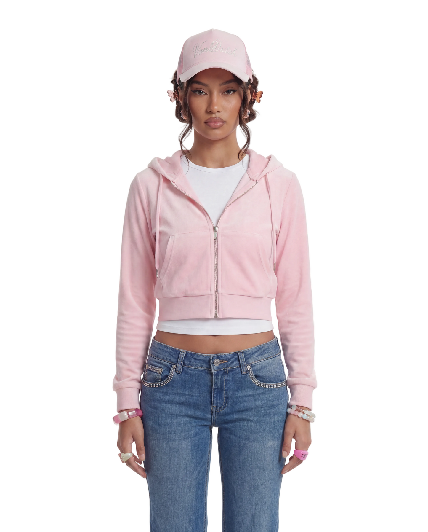 Baby Pink Velour Rhinestone Trucker Hat