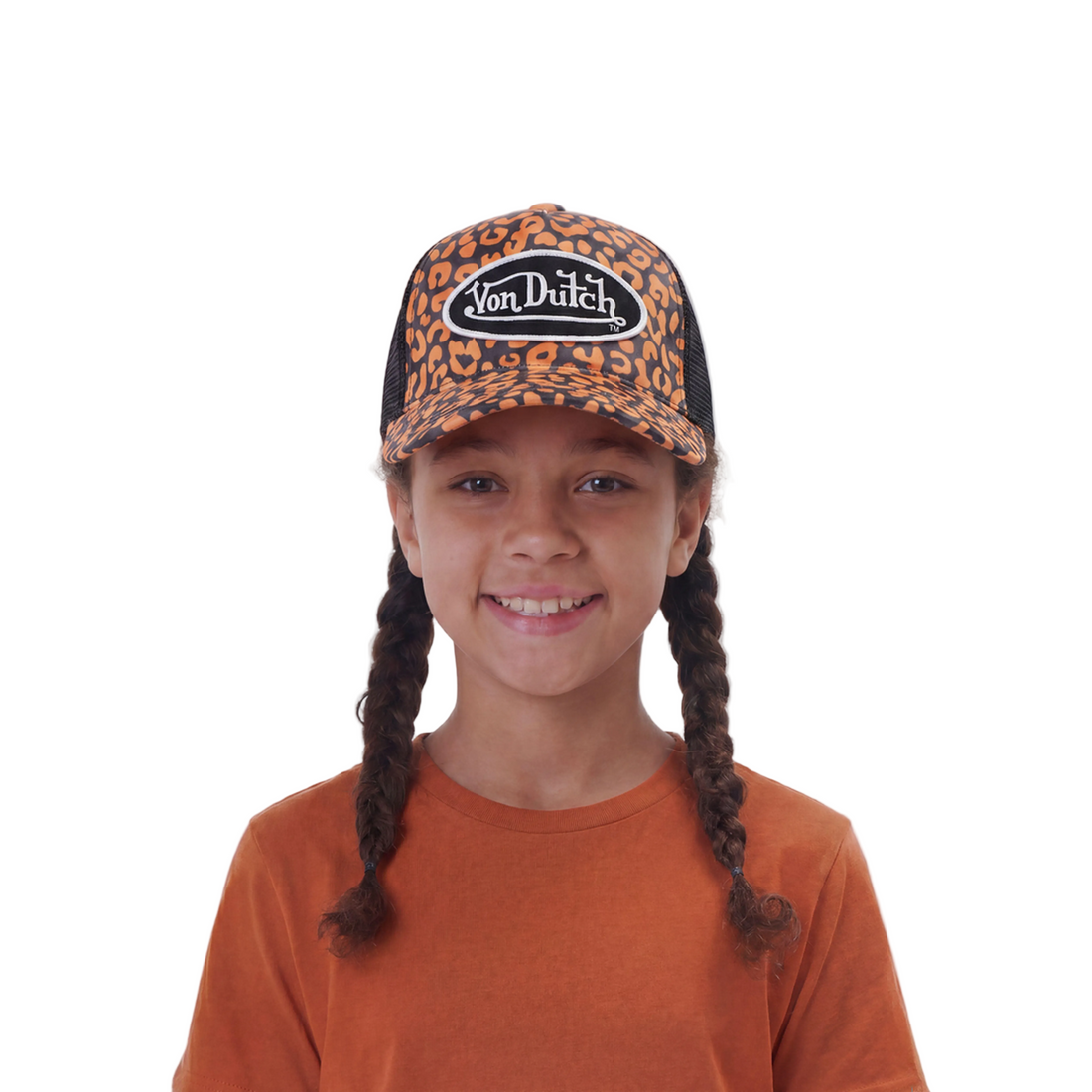 Kids Velvet Trucker Hat - Orange Cheetah — image 2