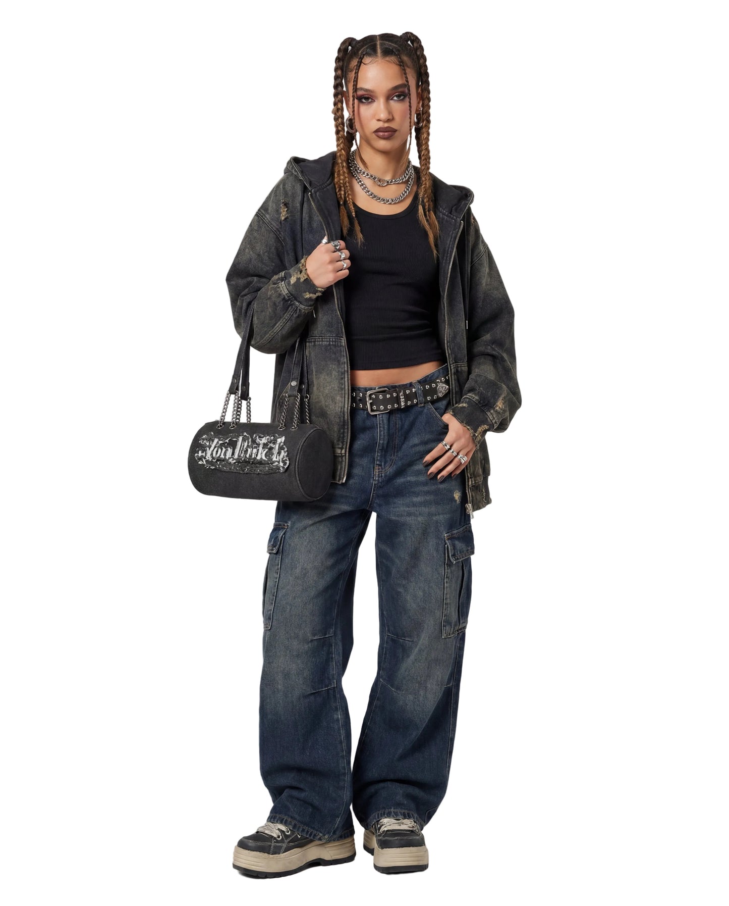 Barrel Bag - Long Barrel Black Distressed Denim