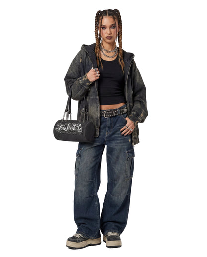 Barrel Bag - Long Barrel Black Distressed Denim