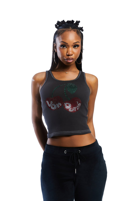 Rhinestone Cherry Tank - Black