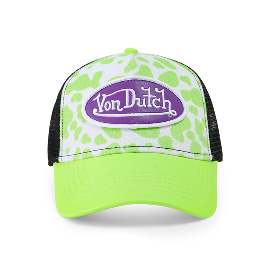 Vegan Pony Hair Trucker Hat -Lime Green Cow Print