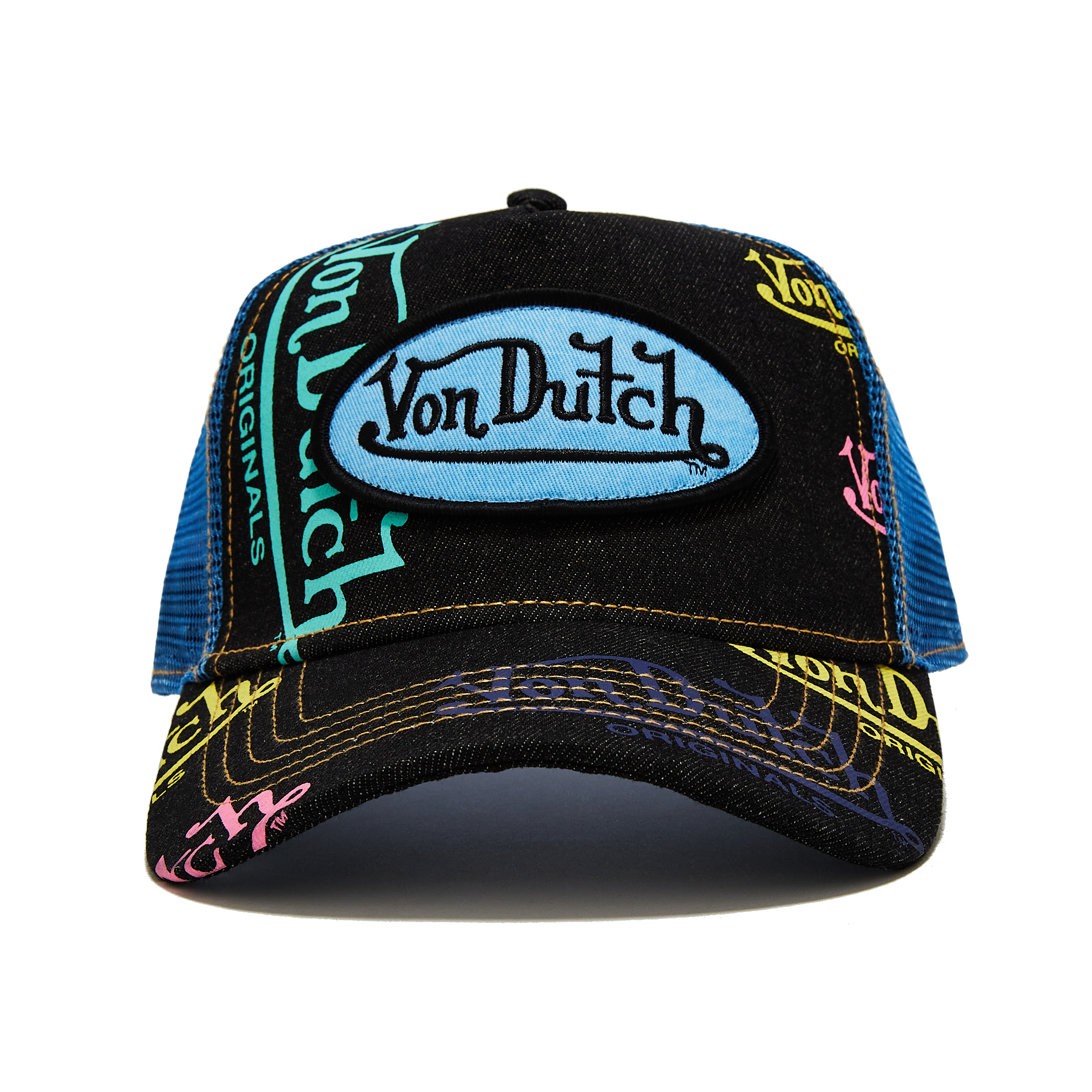 Von Dutch Blue Mesh Baseball Cap - Black Trucker Cap With Embroidered Patch, One Size