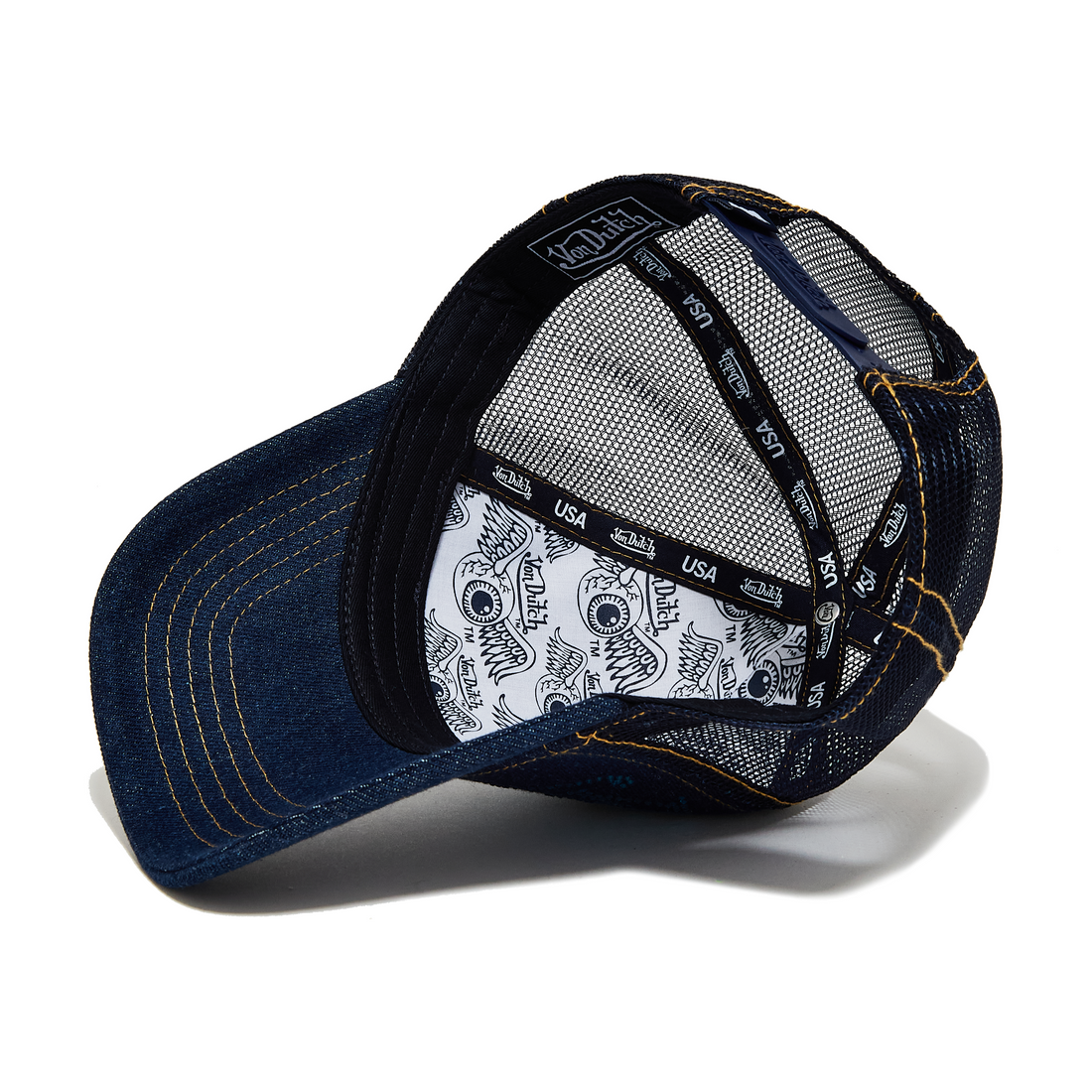 Navy Rhinestone Logo Denim Trucker Hat