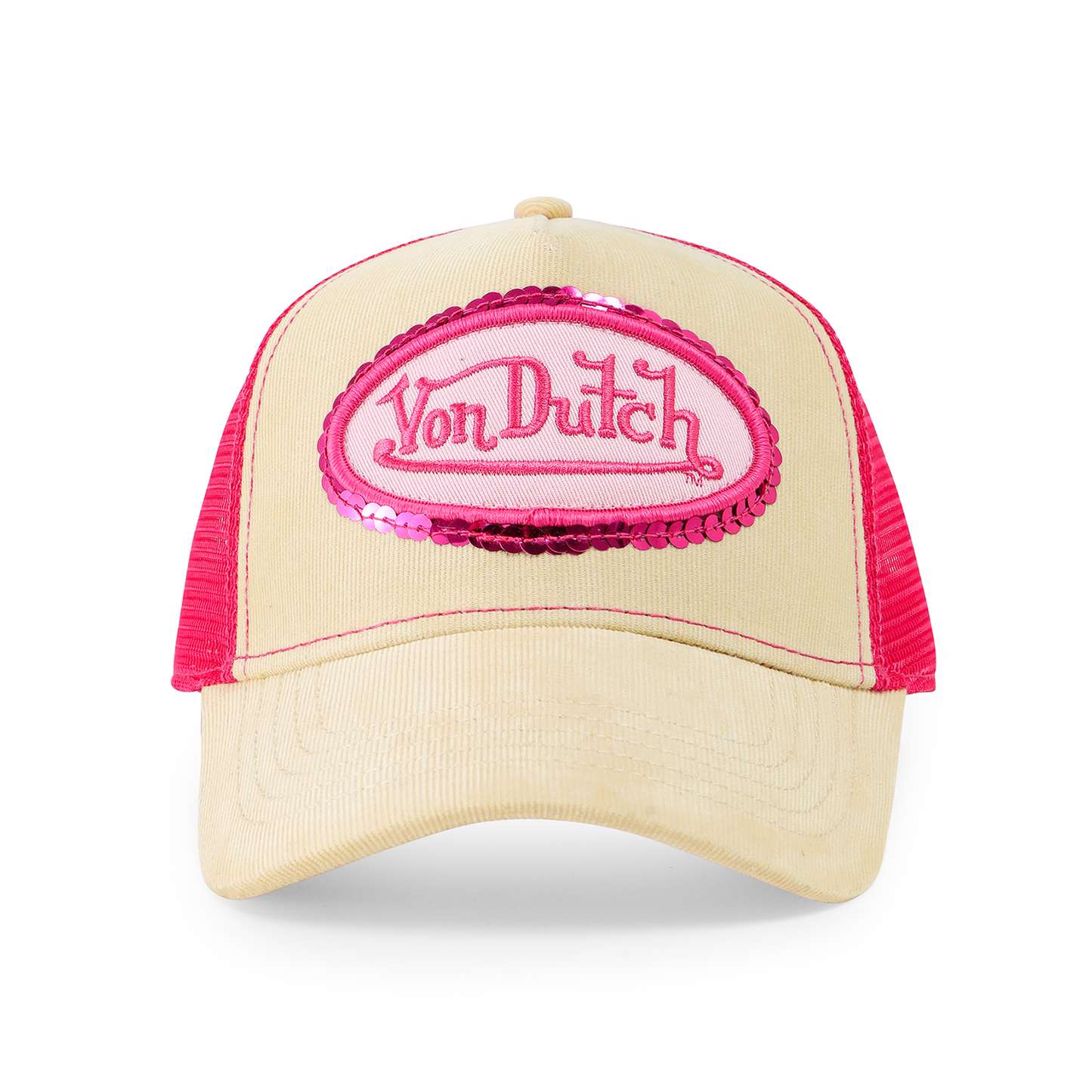 Pink Sequin on Beige Trucker Hat