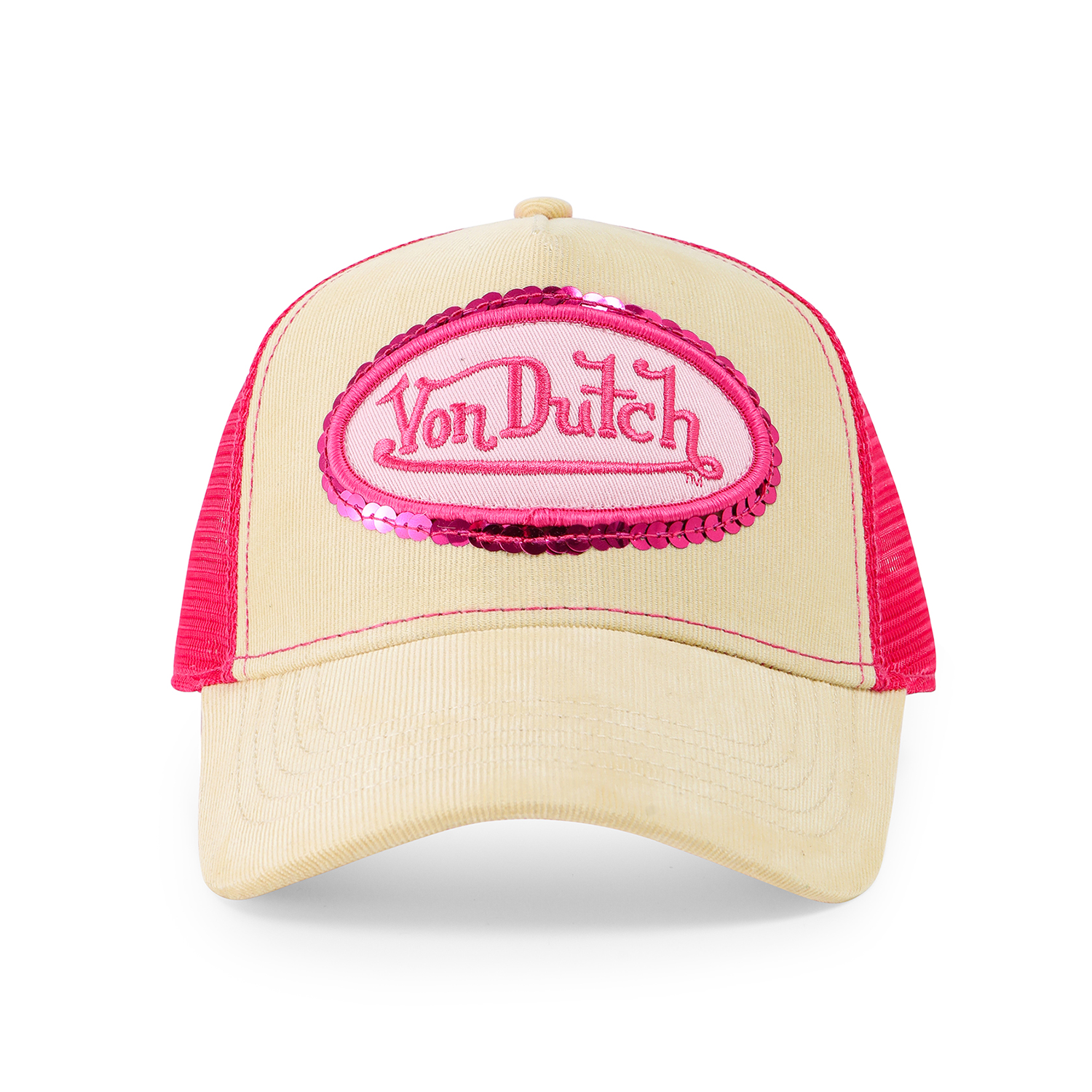 Von Dutch Pink Sequin on Beige Trucker Hat