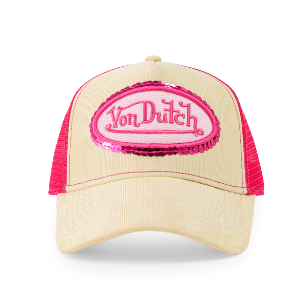 Pink Sequin on Beige Trucker Hat
