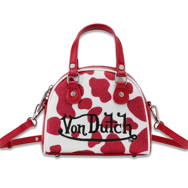 Red & White Cow Print Vegan Pony Hair Bowling Bag | Von Dutch