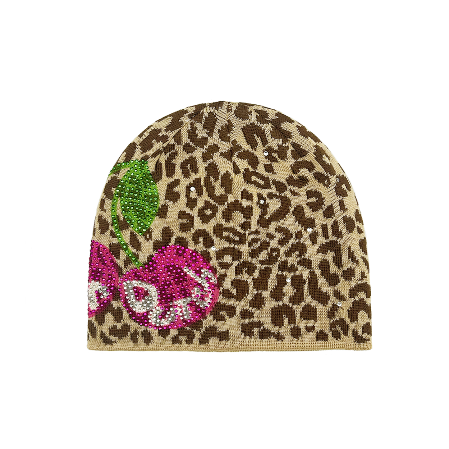 Rhinestone Cherry Beanie - Cheetah