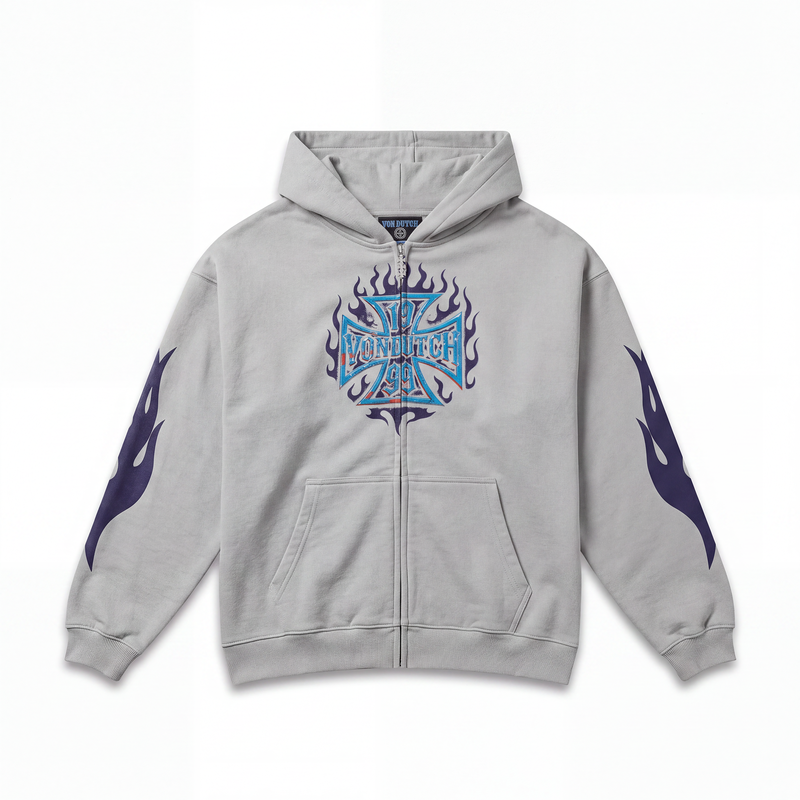 GREY CHOPPER FLAMES - ZIP UP HOODIE
